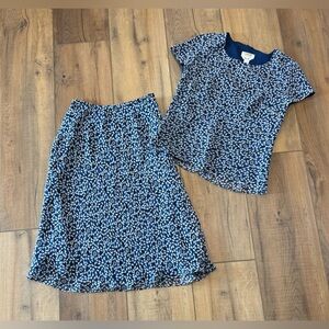 Vintage 2 Piece Talbots Blue and White Floral Skirt Set 100% Silk